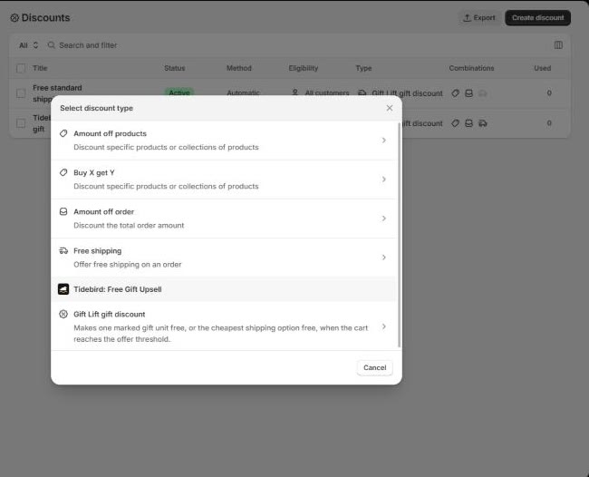 Shopify's Select discount type dialog with Gift Lift gift discount listed under Tidebird: Free Gift Upsell