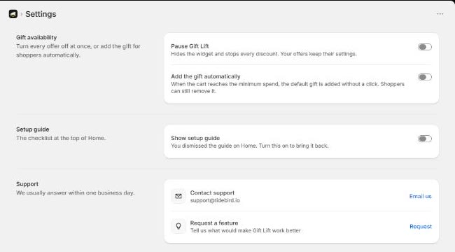 Gift Lift Settings with the Pause Gift Lift and Add the gift automatically switches