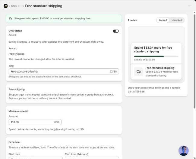 Gift Lift free shipping offer: shoppers who spend $100.00 or more get standard shipping free, with a preview saying spend $33.34 more for free standard shipping