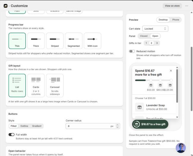 Gift Lift Customize, Panel tab: Gift layout options List, Cards and Carousel, with a live preview of the panel