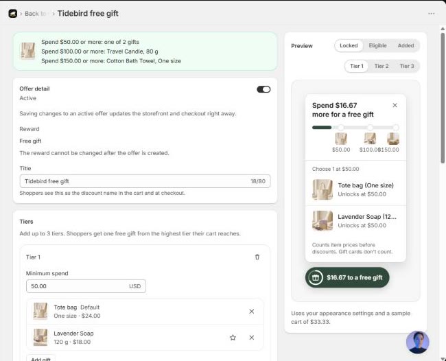 Gift Lift offer editor: Tier 1 at $50 with a tote bag marked Default and a lavender soap, next to a preview of the panel listing both gifts