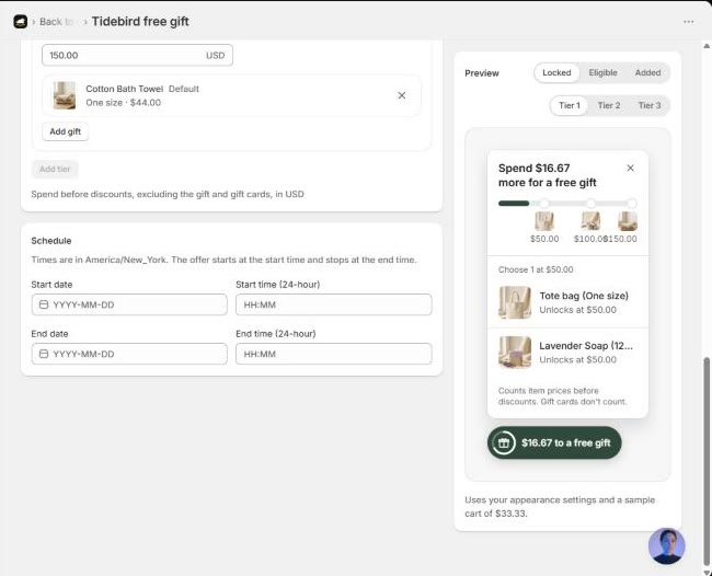 The Schedule card in a Gift Lift offer with start date, start time, end date and end time fields in the store time zone