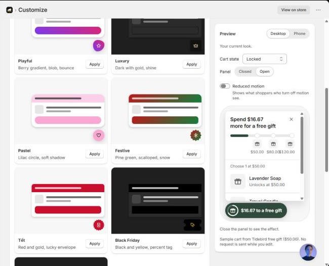 Gift Lift Themes tab showing Pastel, Festive, Tết and Black Friday theme cards next to a live preview