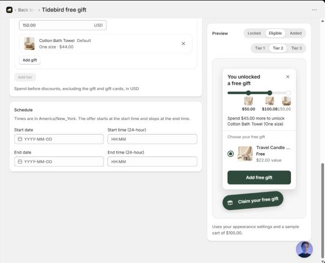 Gift Lift offer editor with the storefront preview showing tier 2 unlocked and a message to spend $45.00 more for the next gift