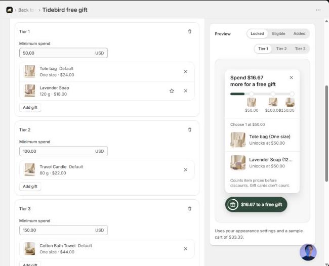 Gift Lift offer editor with three tiers at $50, $100 and $150, each with a gift product marked Default